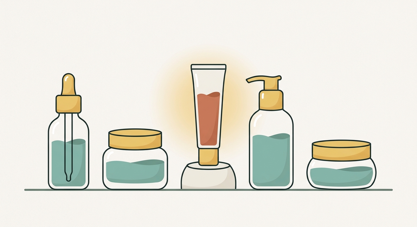 Illustration of a row of skincare bottles and jars on a shelf with one highlighted