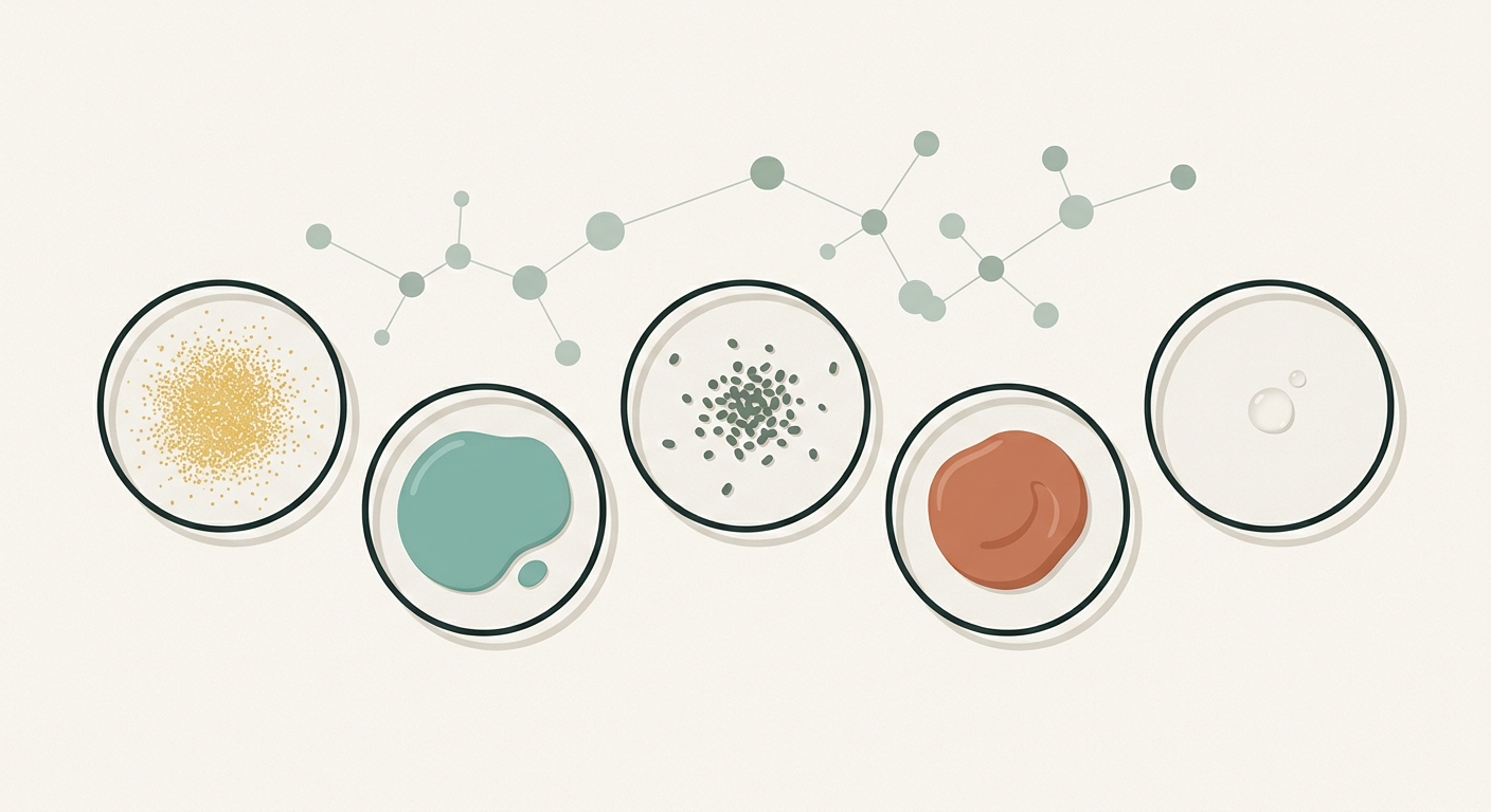 Illustration of five petri dishes holding powders, gels and creams beneath a faint molecular diagram