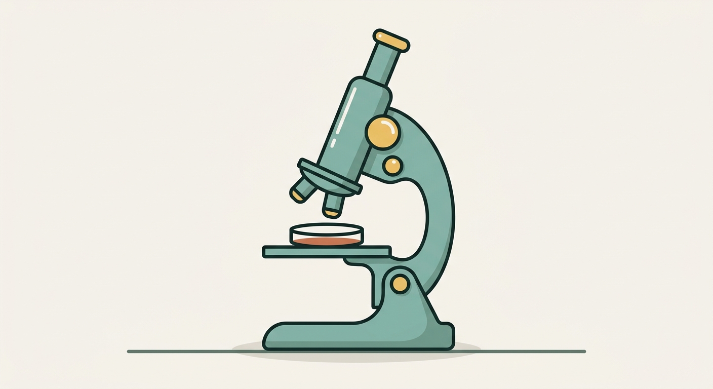 Illustration of a microscope positioned over a petri dish on its stage
