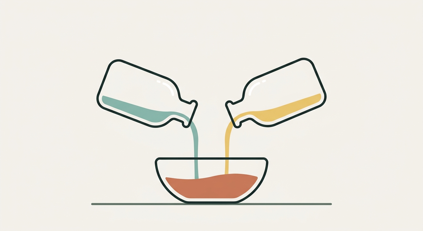 Illustration of two bottles pouring different coloured liquids into the same bowl